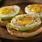 Three Ezekiel English muffins, each topped with sliced avocado and a fried egg, sprinkled with seasoning and chives, on a wooden plate.