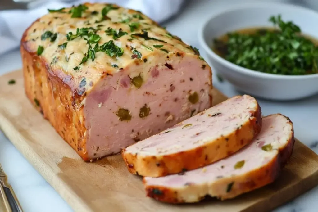Homemade Chicken Mortadella A golden-brown loaf of homemade chicken mortadella, partially sliced to reveal a pink interior with green peas and herbs, resting on a wooden cutting board.