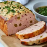 A golden-brown loaf of homemade chicken mortadella, partially sliced to reveal a pink interior with green peas and herbs, resting on a wooden cutting board.