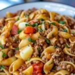 A close-up of a bowl of taco pasta, featuring shell-shaped pasta, seasoned ground meat, diced tomatoes, and a savory sauce, garnished with fresh parsley.