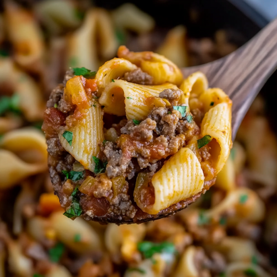 Creamy Beef and Shells A close-up shot of a wooden spoon holding a portion of creamy beef and shell pasta. The pasta is mixed with ground beef, diced tomatoes, and a reddish-brown sauce. Fresh parsley is sprinkled on top. The background shows more of the dish in a pan.