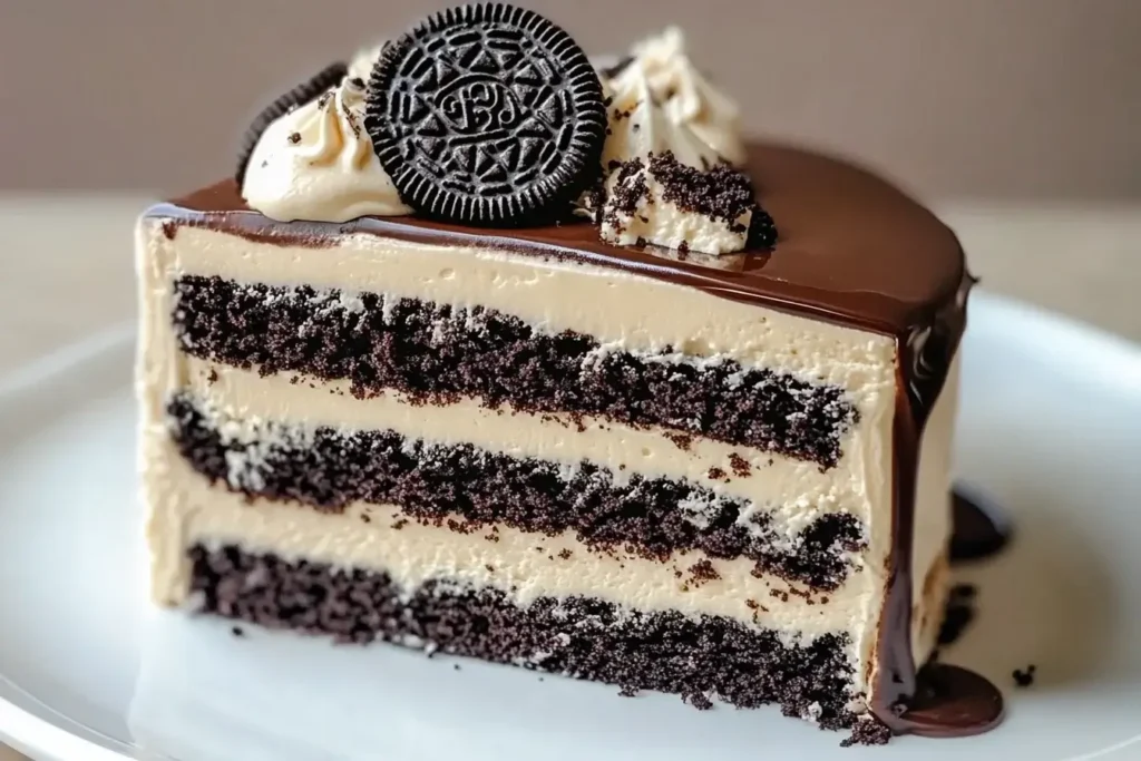 Oreo_cake_slice_with_ganache A slice of rich Oreo cake with multiple layers of dark chocolate cake and creamy light-colored frosting, topped with a smooth chocolate ganache, a whole Oreo cookie, and dollops of frosting.