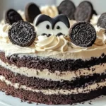 A multi-layered Oreo cake with white frosting between dark chocolate cake layers, topped with whole and broken Oreo cookies, swirls of white frosting, and a black and white cookie shaped like a penguin face.