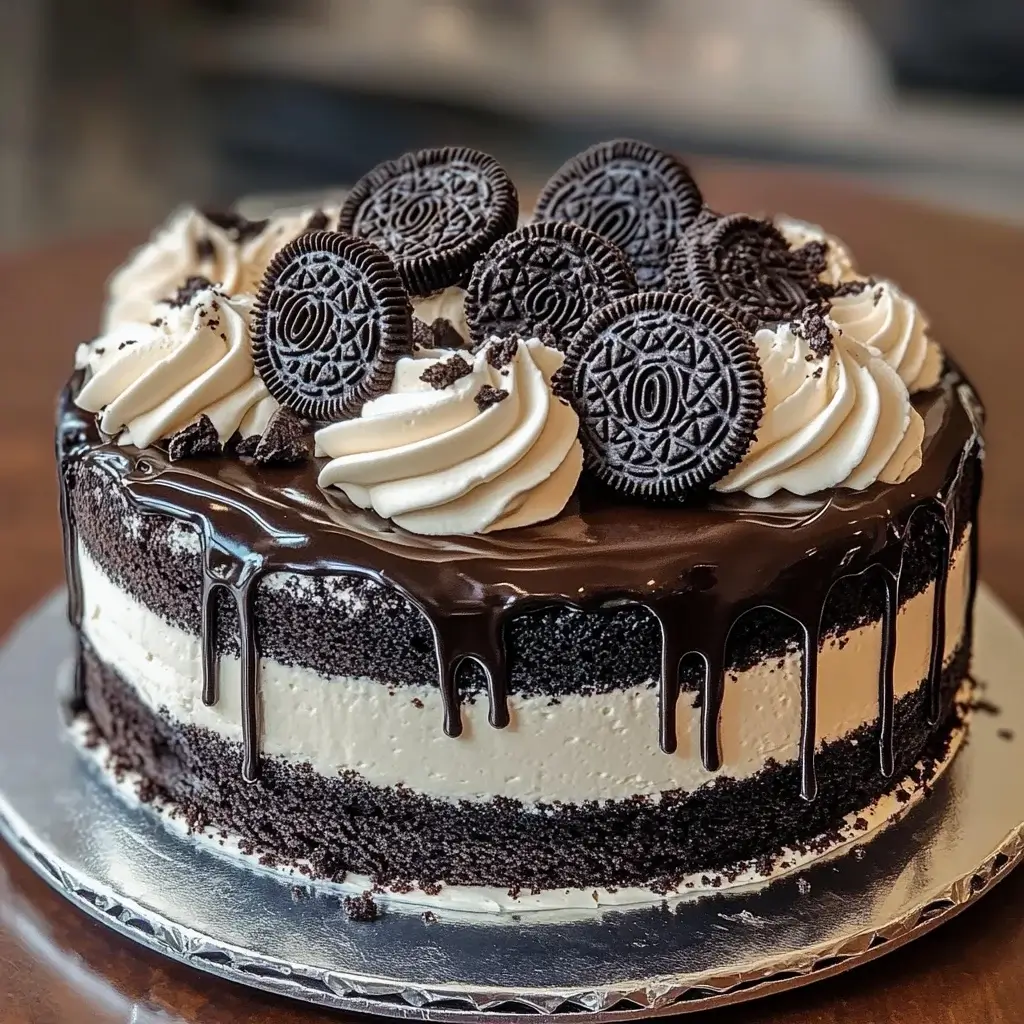 Oreo_drip_cake_with_cookies A round Oreo cake with multiple layers of dark chocolate cake and white frosting, topped with a dark chocolate ganache drip, swirls of white frosting, and numerous whole Oreo cookies.