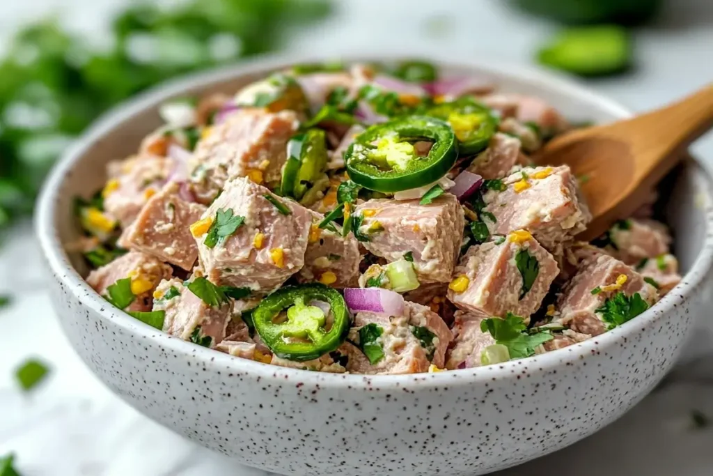 matthew-mcconaughey-viral-tuna-salad-closeup Matthew McConaughey viral tuna salad in ceramic bowl with jalapeño chips